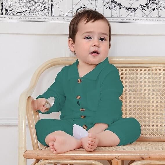 VISGOGO Baby Boy Polo Romper Long Sleeve Bodysuit Cotton Linen Jumpsuit 6-12 Mon