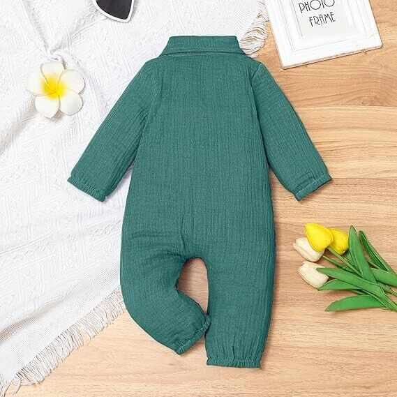 VISGOGO Baby Boy Polo Romper Long Sleeve Bodysuit Cotton Linen Jumpsuit 6-12 Mon