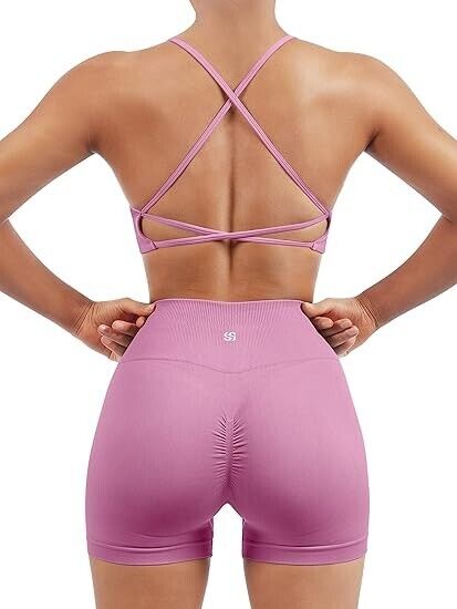 SUUKSESS Women Seamless 2 piece Workout Set Strappy Padded Sports Bra & Shorts L