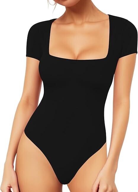 MANGOPOP Black Bodysuit Women Square Neck Short Sleeve Shirt Tops Black-XL