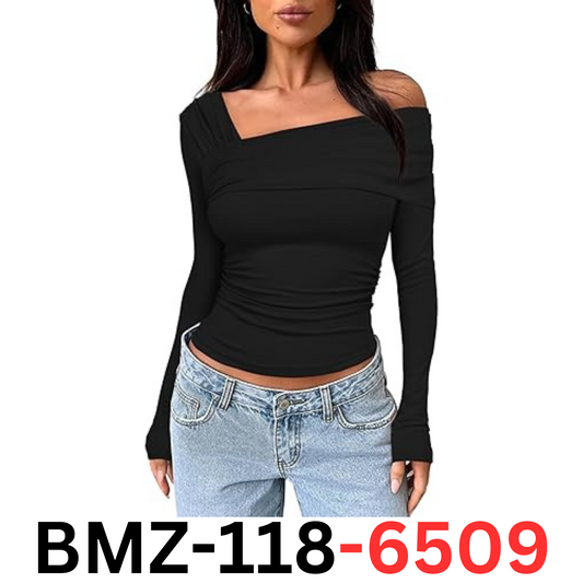 Darong Women's Long Sleeves Y2K Shirts Asymmetrical Basic Fitted Blouse, Black L