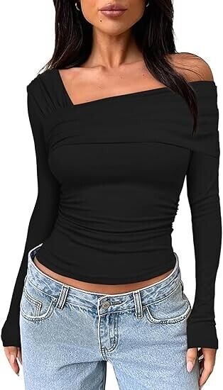 Darong Women's Long Sleeves Y2K Shirts Asymmetrical Basic Fitted Blouse, Black L