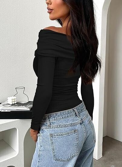 Darong Women's Long Sleeves Y2K Shirts Asymmetrical Basic Fitted Blouse, Black L