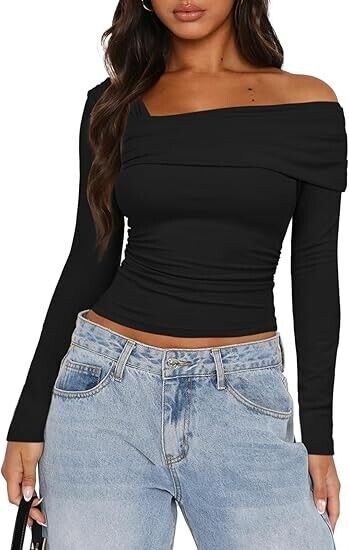 Darong Women's Long Sleeves Y2K Shirts Asymmetrical Basic Fitted Blouse, Black L