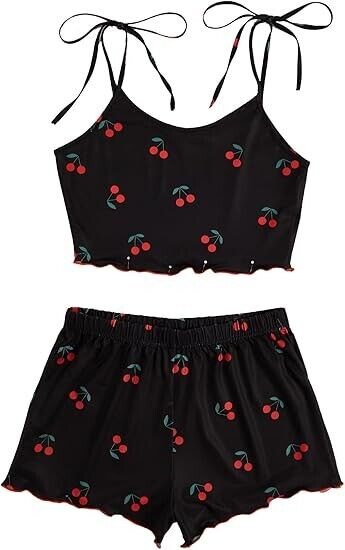 SweatyRocks Women Summer Strawberry Print Cami Top and Shorts Sleepwear Pajama S