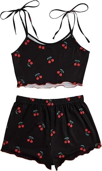 SweatyRocks Women Summer Strawberry Print Cami Top and Shorts Sleepwear Pajama S