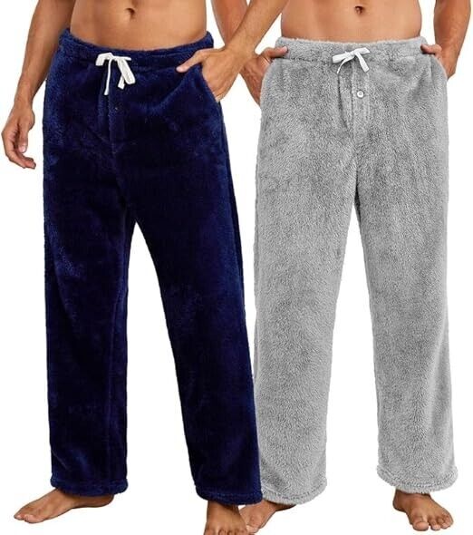 Vulcanodon 2 Pack Men Plush Warm Pajama Pants, Fluffy Soft Fleece Sleep Pants, M