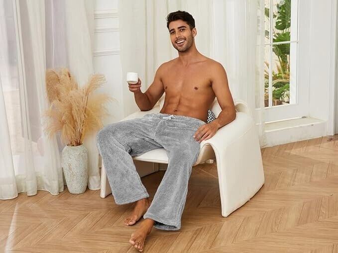Vulcanodon 2 Pack Men Plush Warm Pajama Pants, Fluffy Soft Fleece Sleep Pants, M