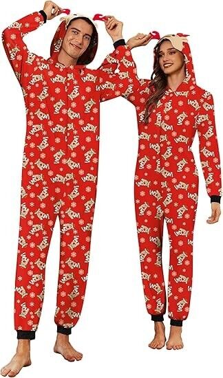 Ekouaer Christmas Matching One piece Women Elk Antler Hooded Zipper Pajamas S