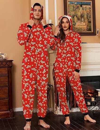 Ekouaer Christmas Matching One piece Women Elk Antler Hooded Zipper Pajamas S