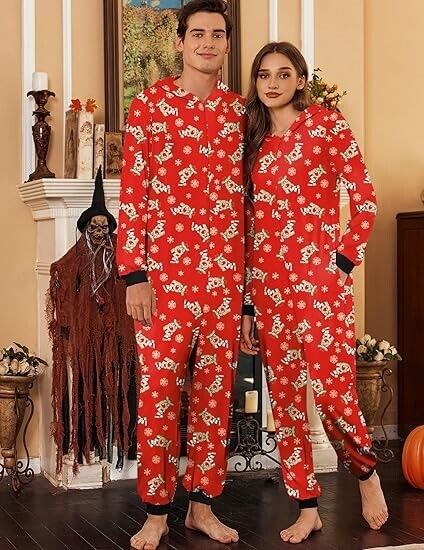 Ekouaer Christmas Matching One piece Women Elk Antler Hooded Zipper Pajamas S