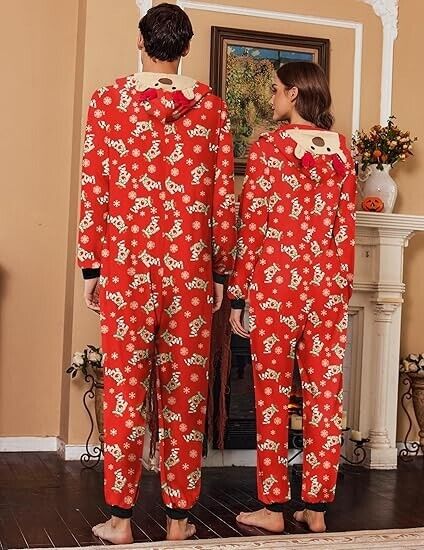 Ekouaer Christmas Matching One piece Women Elk Antler Hooded Zipper Pajamas S