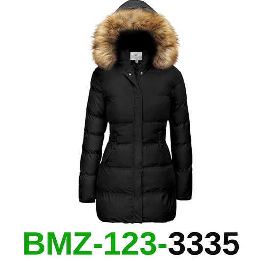 WenVen Women's Bulky Winter Thicken Jacket with Fur Trim Hood, Black, M