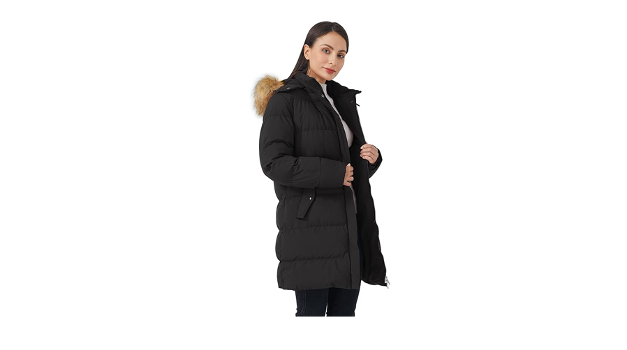 WenVen Women's Bulky Winter Thicken Jacket with Fur Trim Hood, Black, M