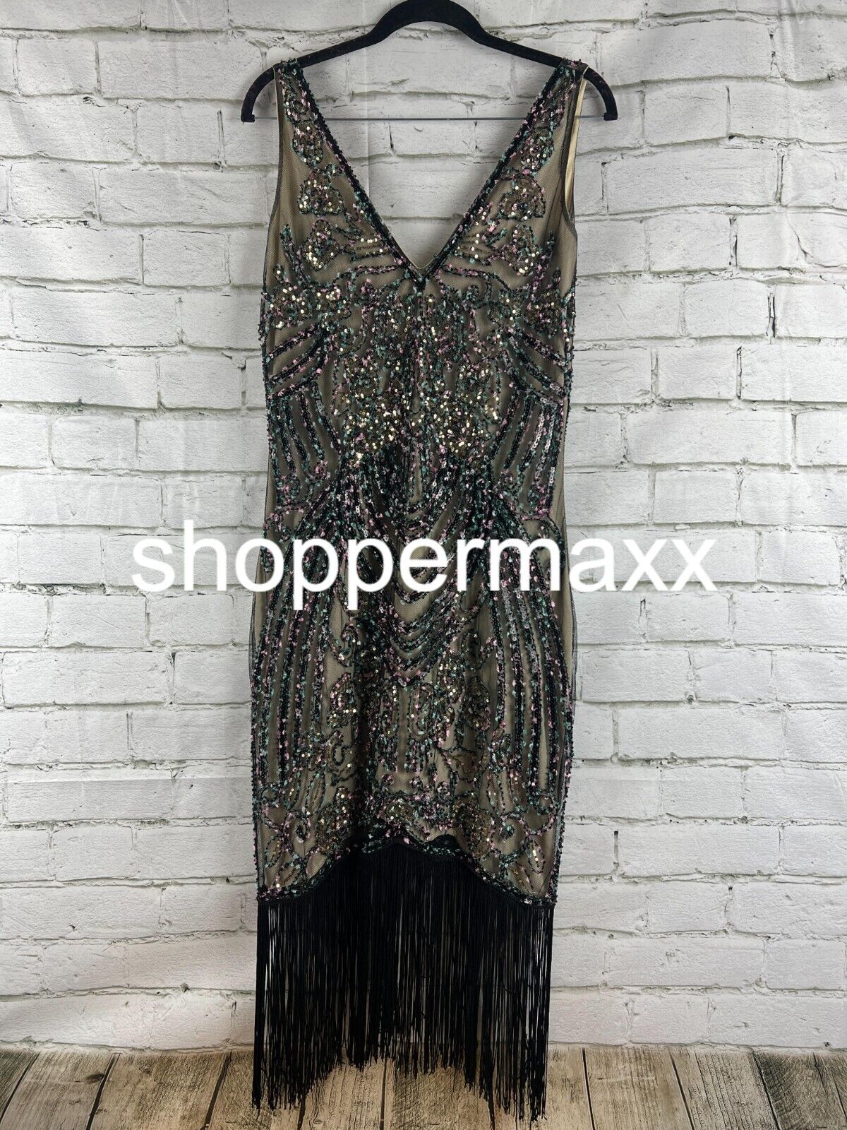 BABEYOND Flapper Dresses 1920s V Neck Beaded Fringed Great Gatsby Dress Black, M