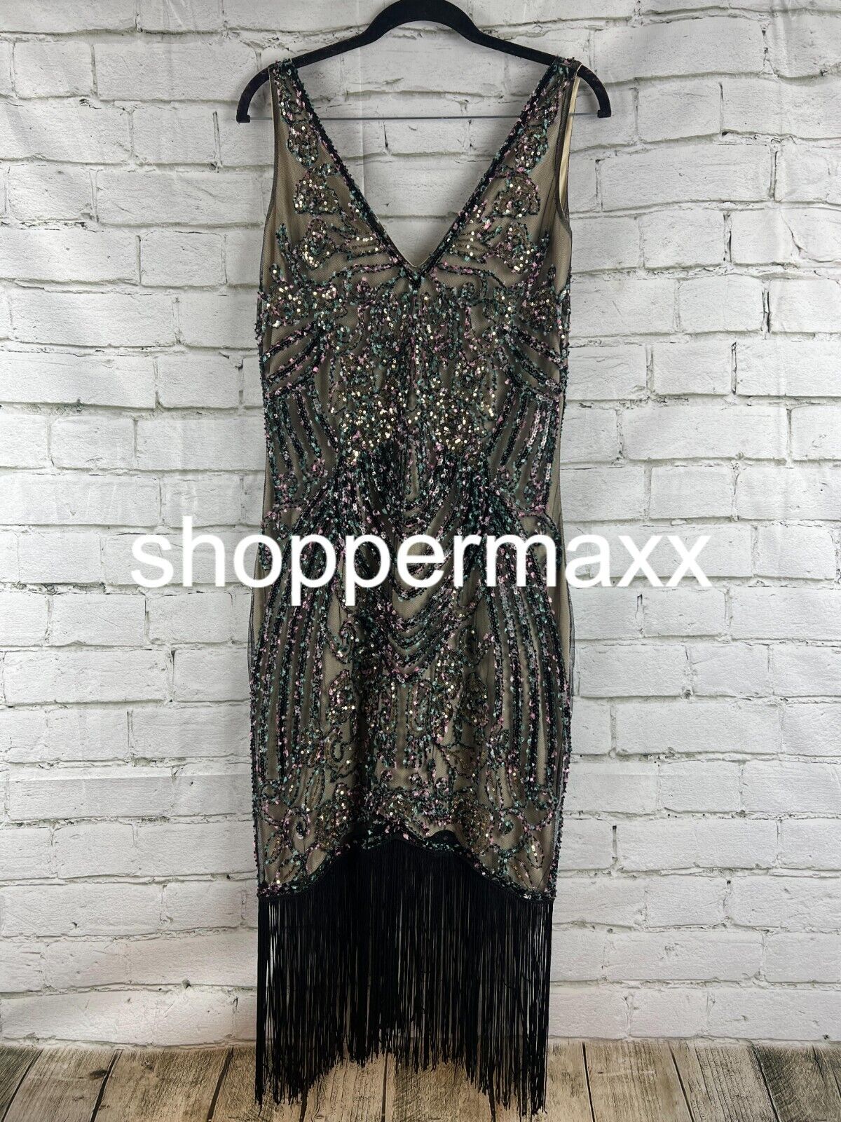 BABEYOND Flapper Dresses 1920s V Neck Beaded Fringed Great Gatsby Dress Black, M