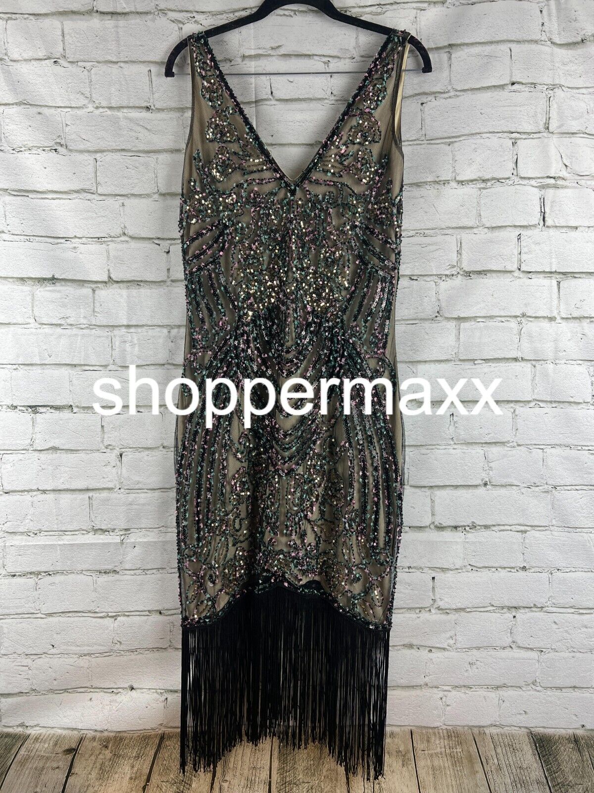 BABEYOND Flapper Dresses 1920s V Neck Beaded Fringed Great Gatsby Dress Black, M