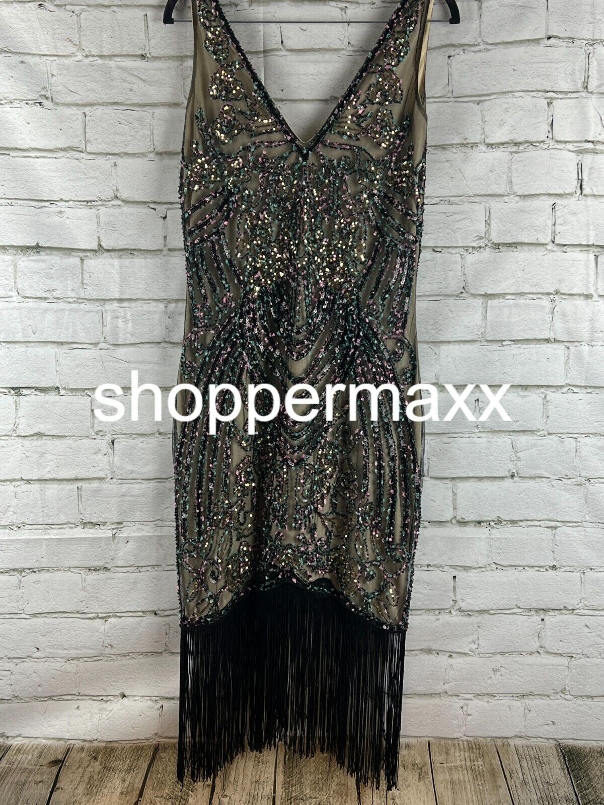 BABEYOND Flapper Dresses 1920s V Neck Beaded Fringed Great Gatsby Dress Black, M