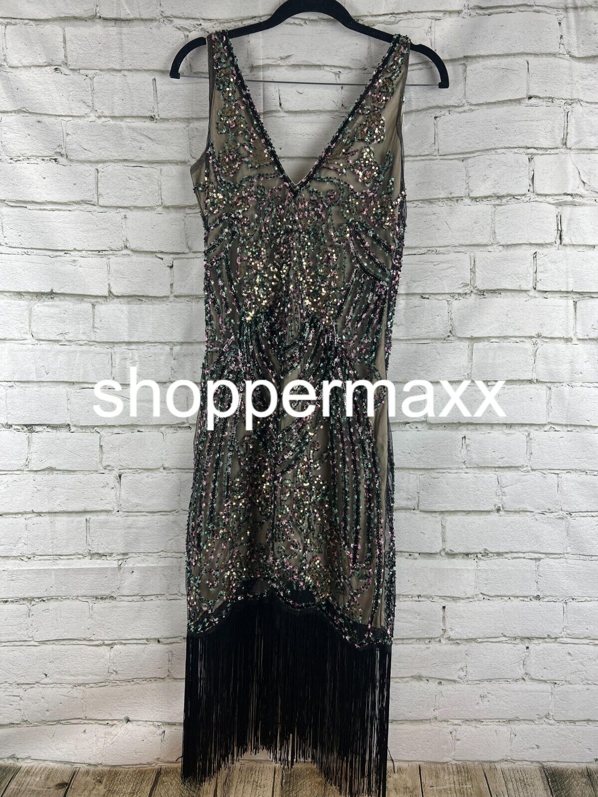 BABEYOND Flapper Dresses 1920s V Neck Beaded Fringed Great Gatsby Dress Black, S