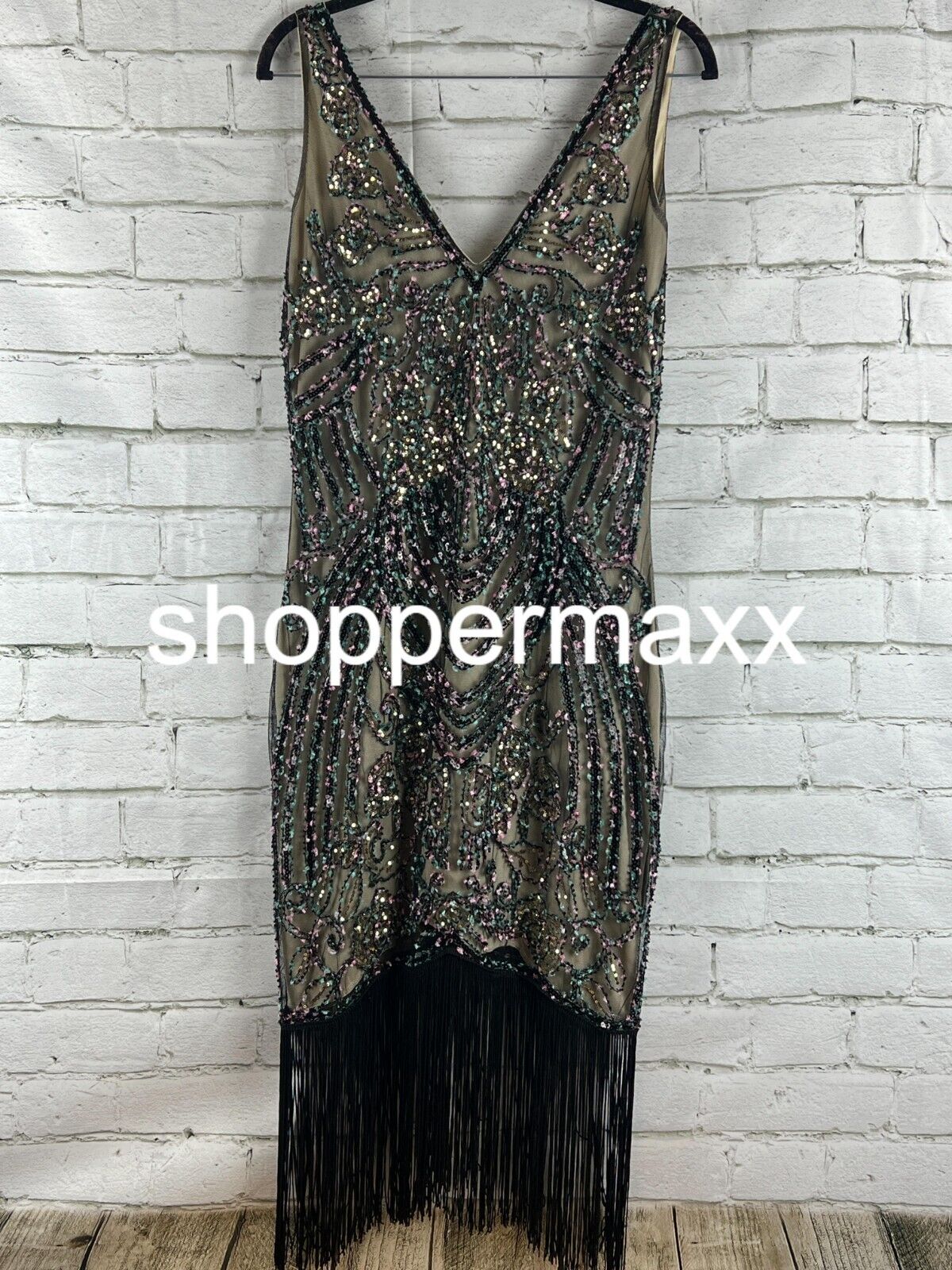 BABEYOND Flapper Dresses 1920s V Neck Beaded Fringed Great Gatsby Dress Black, M
