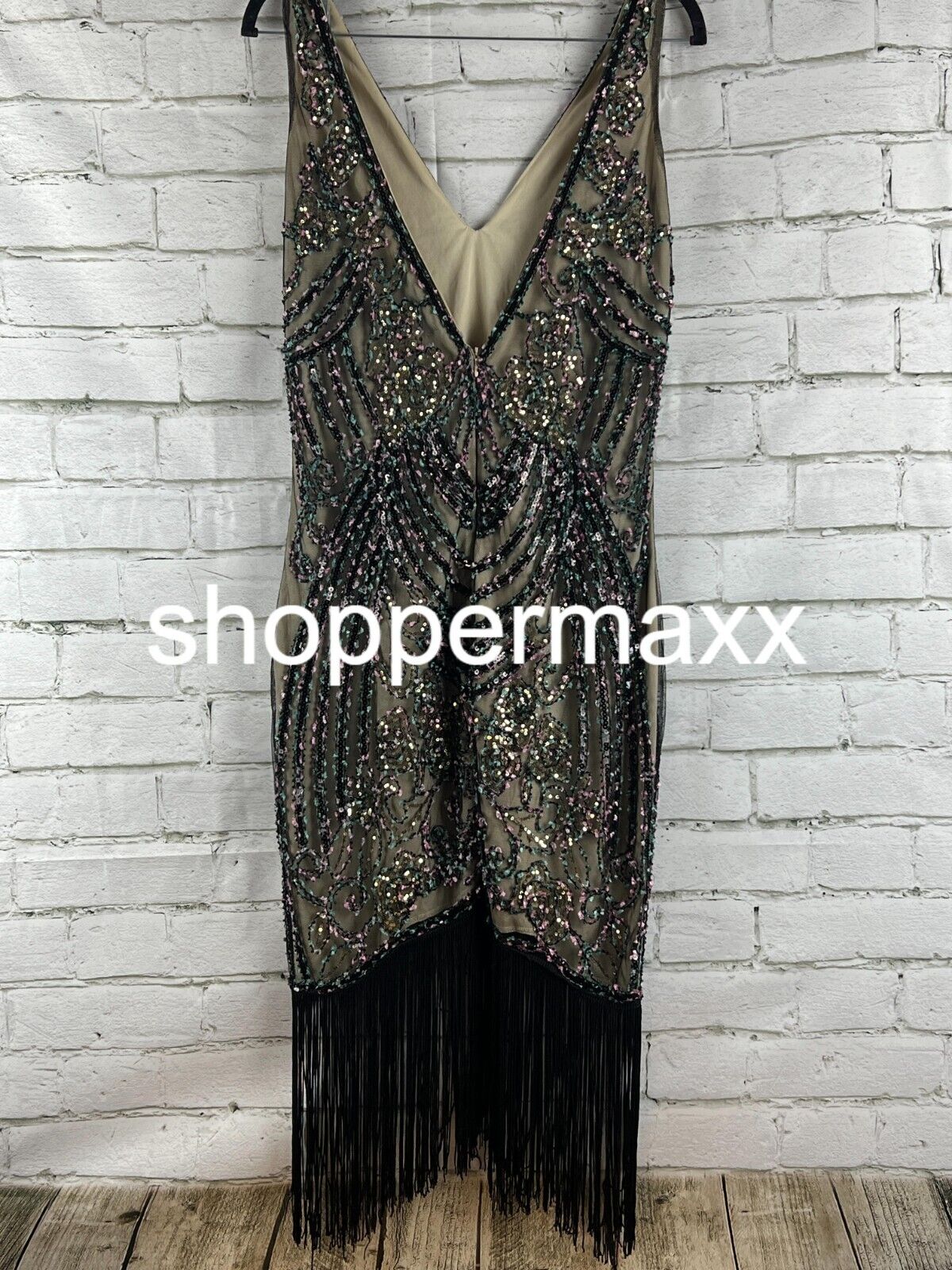 BABEYOND Flapper Dresses 1920s V Neck Beaded Fringed Great Gatsby Dress Black, M