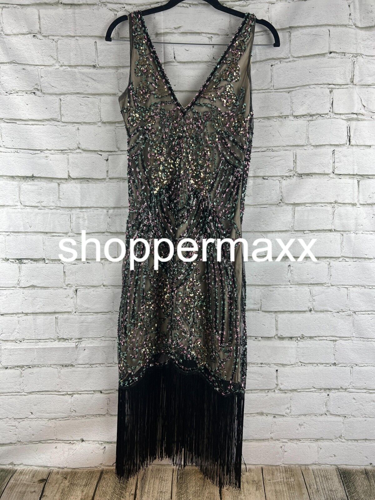 BABEYOND Flapper Dresses 1920s V Neck Beaded Fringed Great Gatsby Dress Black, S