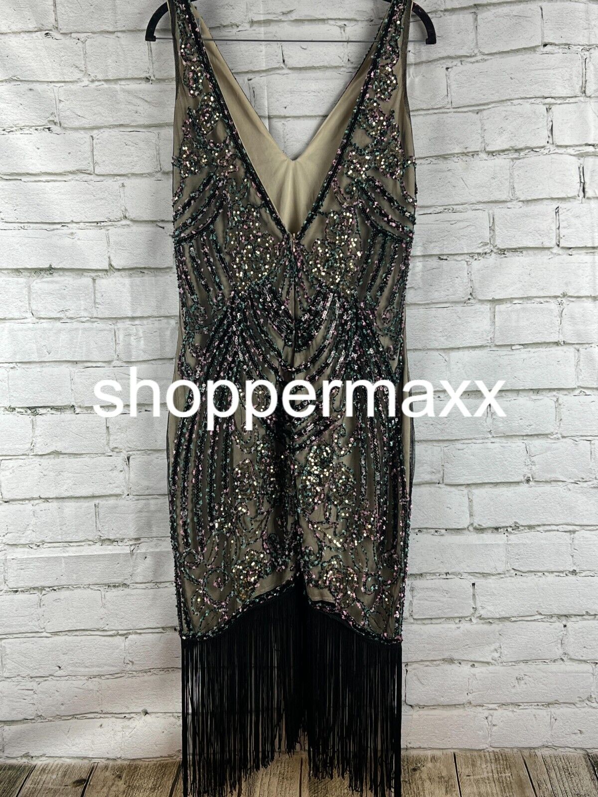 BABEYOND Flapper Dresses 1920s V Neck Beaded Fringed Great Gatsby Dress Black, M