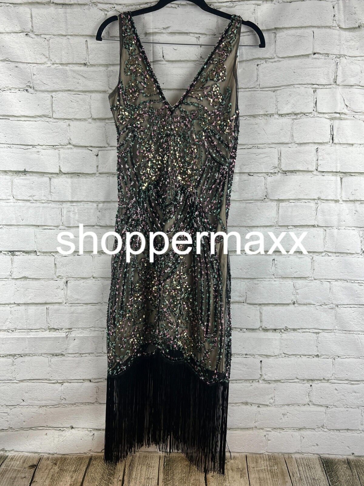 BABEYOND Flapper Dresses 1920s V Neck Beaded Fringed Great Gatsby Dress Black, S