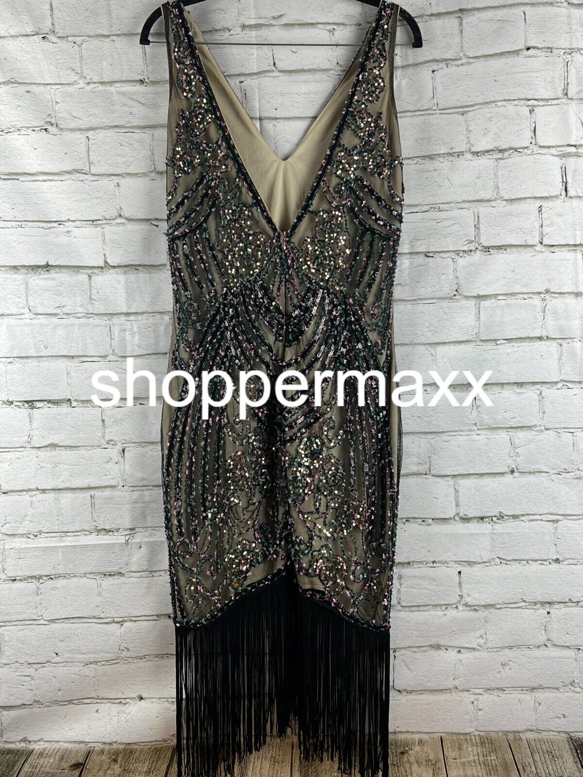 BABEYOND Flapper Dresses 1920s V Neck Beaded Fringed Great Gatsby Dress Black, M