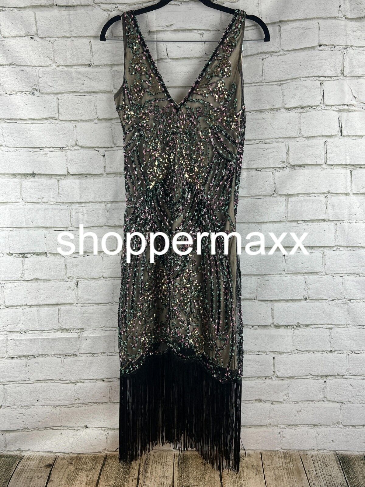 BABEYOND Flapper Dresses 1920s V Neck Beaded Fringed Great Gatsby Dress Black, S