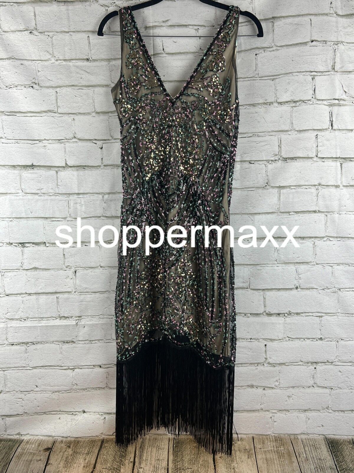 BABEYOND Flapper Dresses 1920s V Neck Beaded Fringed Great Gatsby Dress Black, S