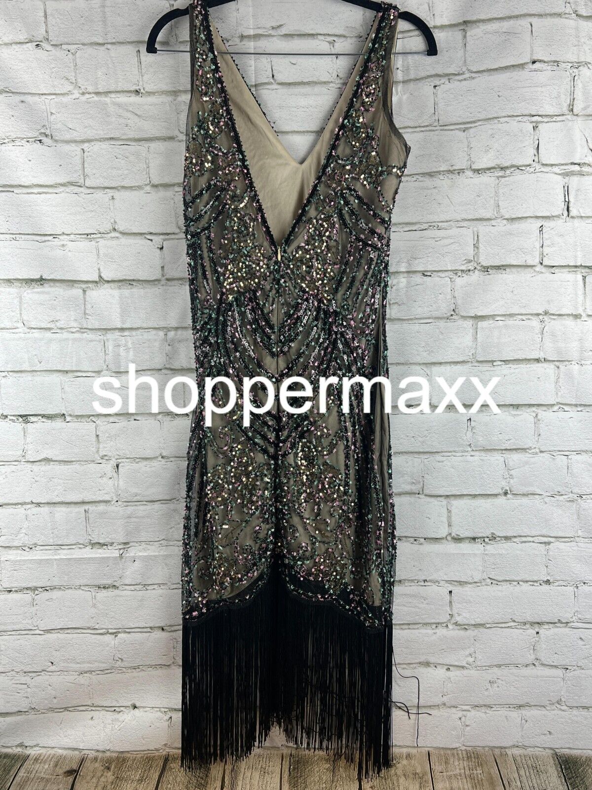 BABEYOND Flapper Dresses 1920s V Neck Beaded Fringed Great Gatsby Dress Black, S