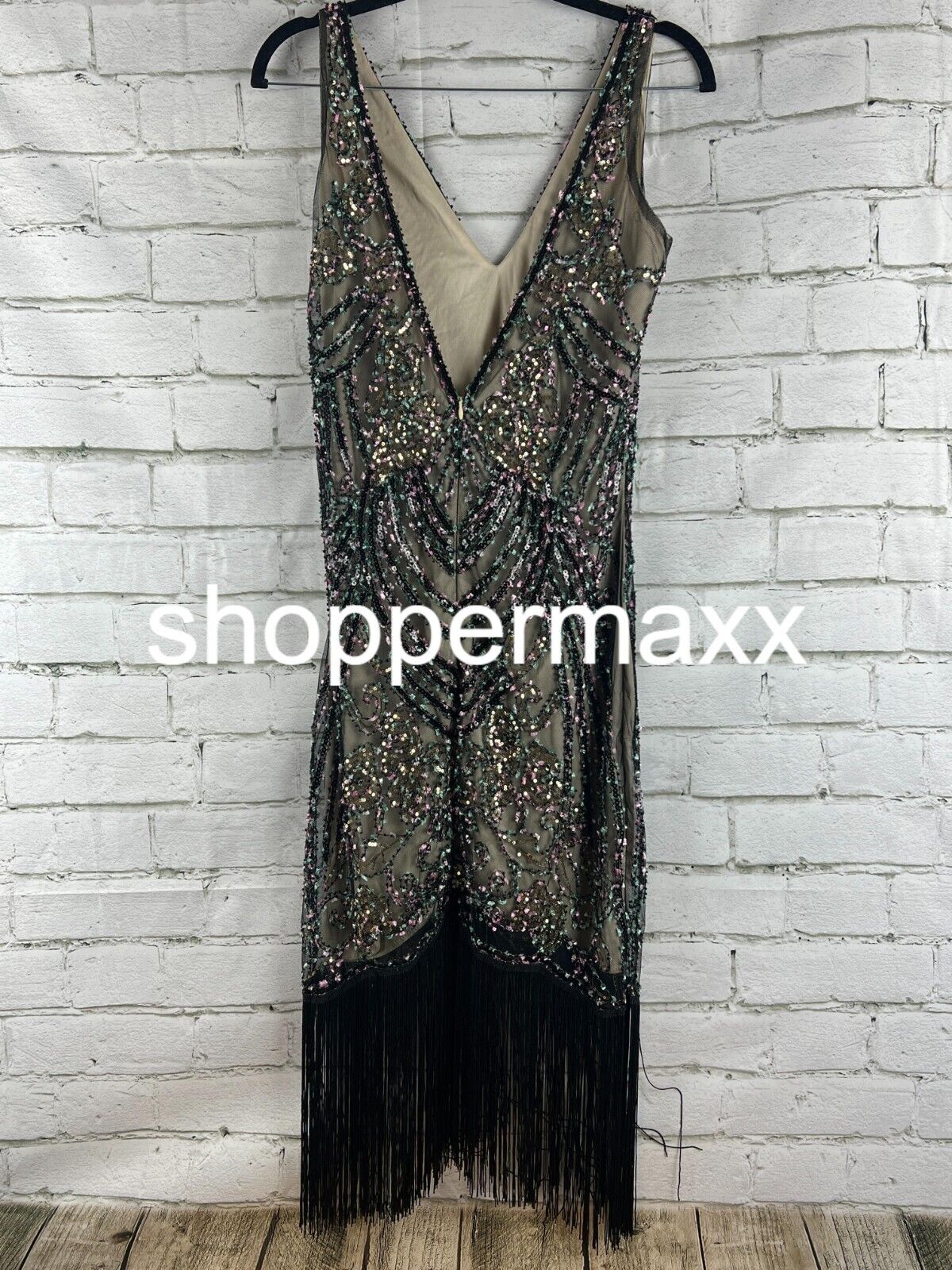 BABEYOND Flapper Dresses 1920s V Neck Beaded Fringed Great Gatsby Dress Black, S