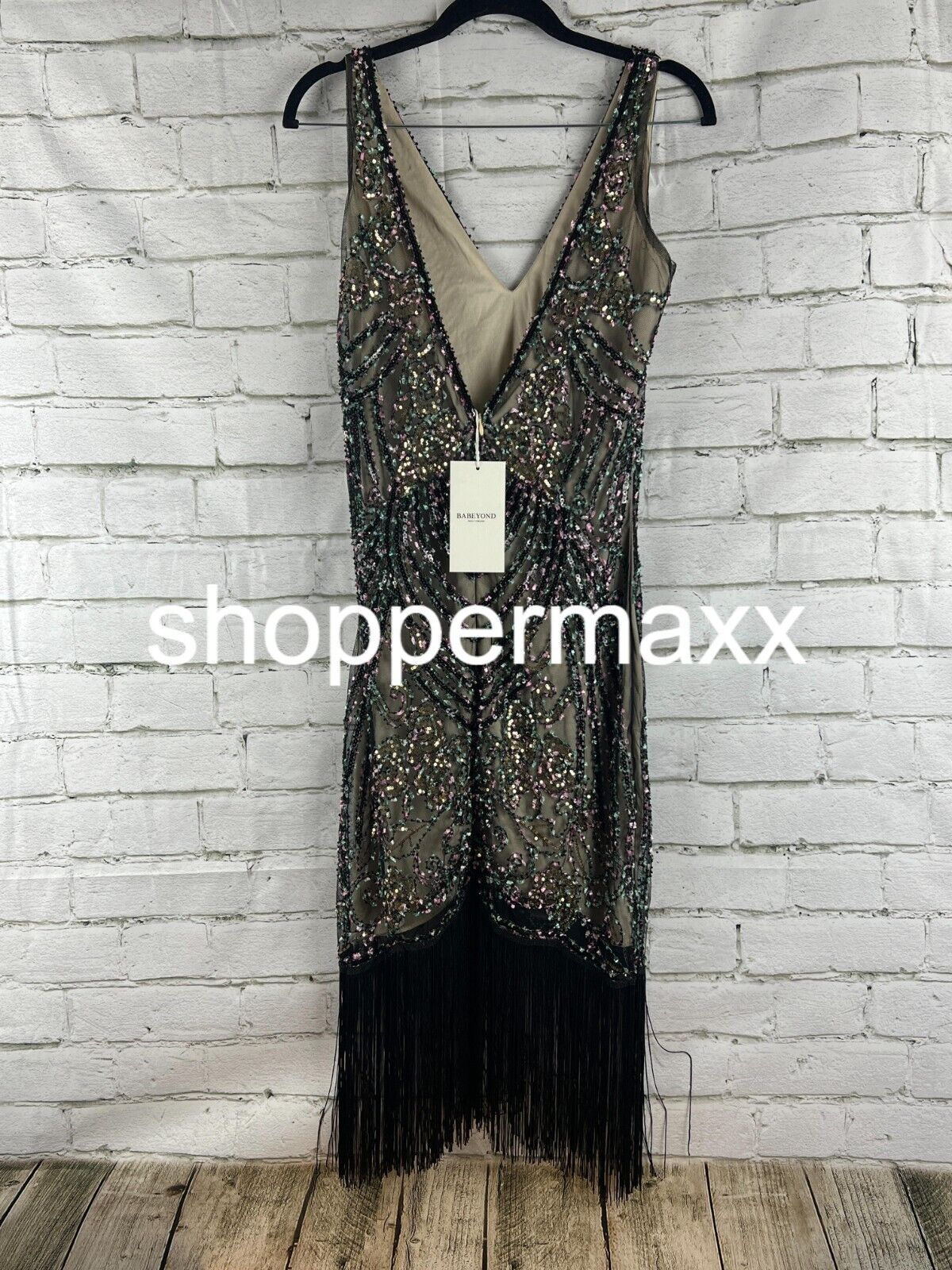 BABEYOND Flapper Dresses 1920s V Neck Beaded Fringed Great Gatsby Dress Black, S