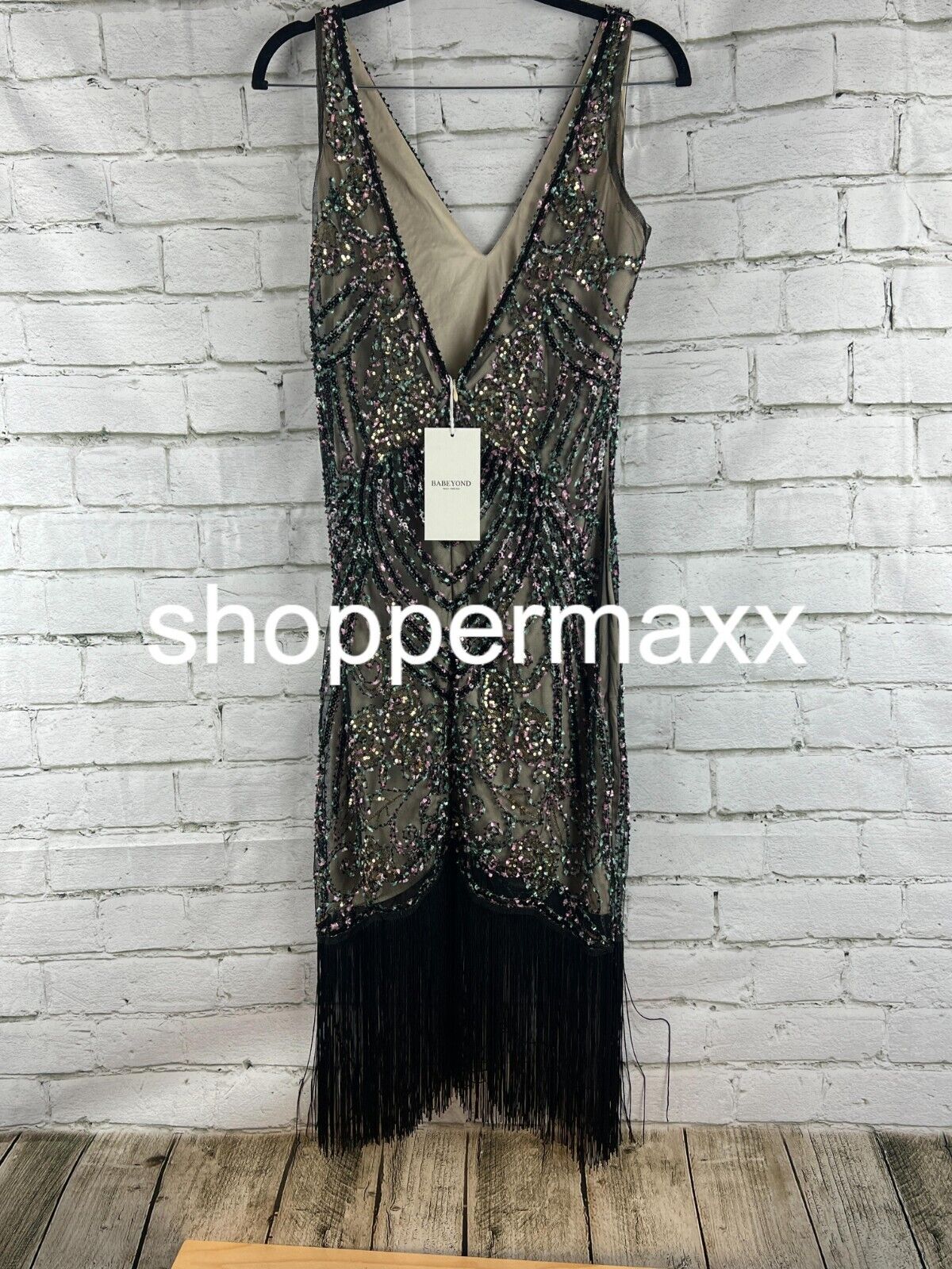 BABEYOND Flapper Dresses 1920s V Neck Beaded Fringed Great Gatsby Dress Black, S