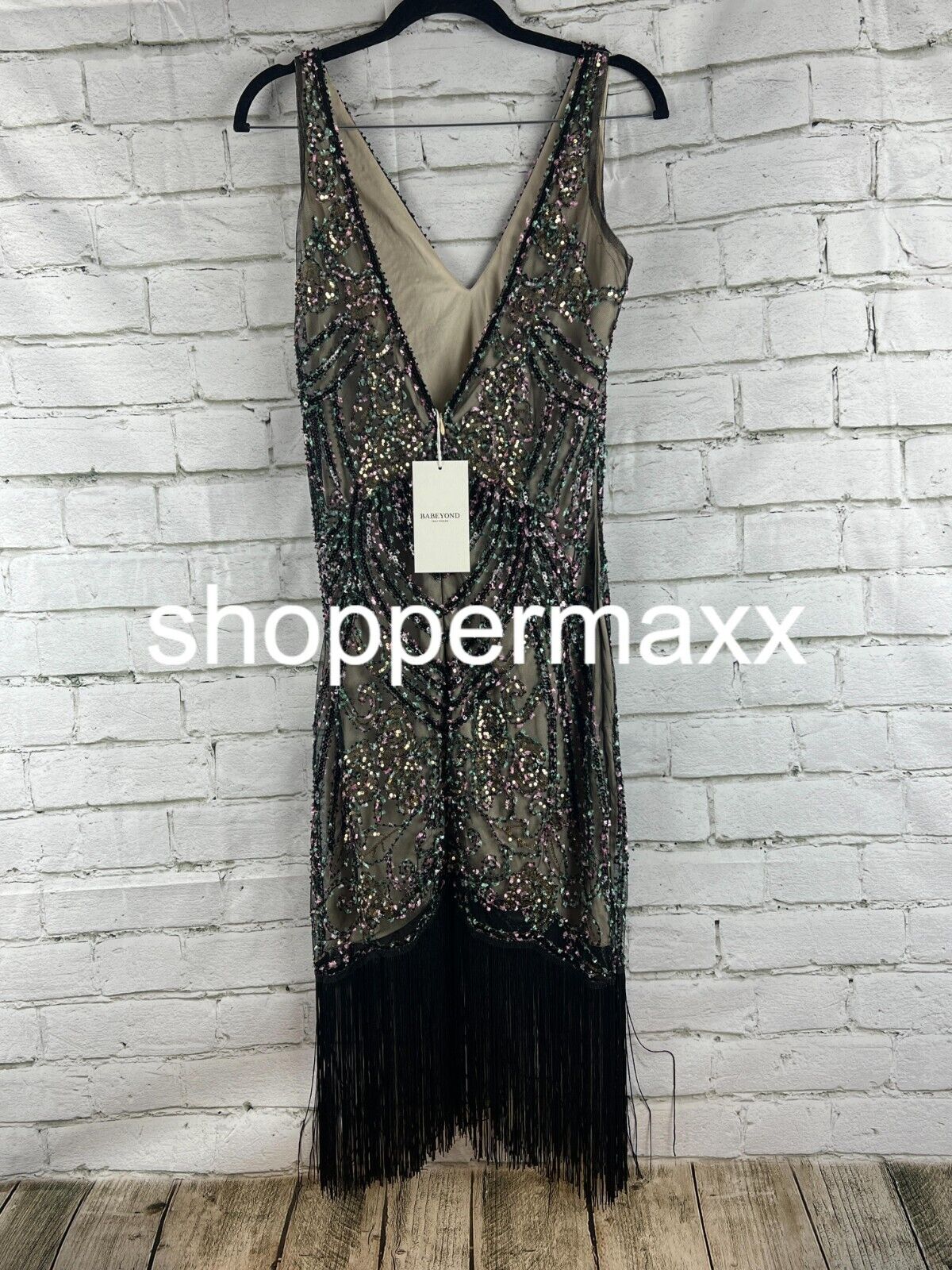 BABEYOND Flapper Dresses 1920s V Neck Beaded Fringed Great Gatsby Dress Black, S