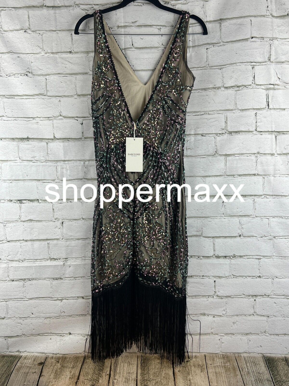 BABEYOND Flapper Dresses 1920s V Neck Beaded Fringed Great Gatsby Dress Black, S