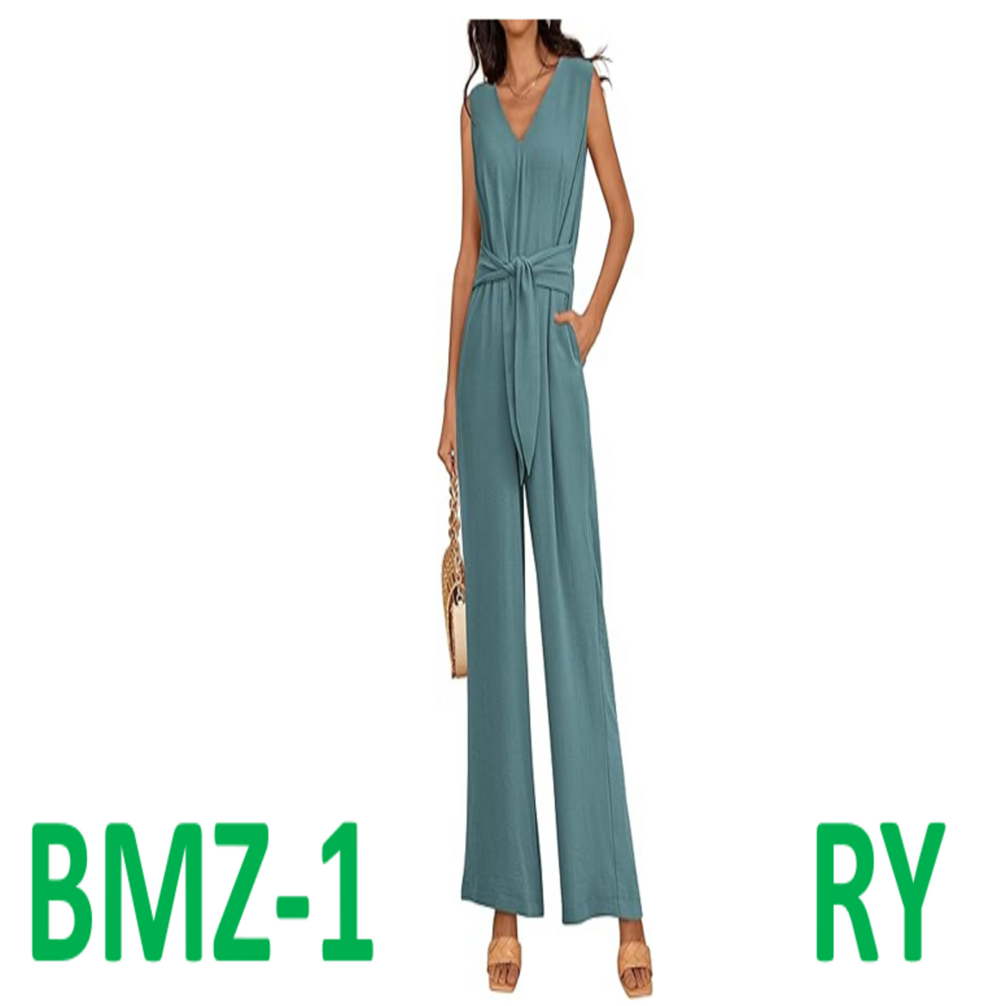 Womens One Piece Wide Leg Jumpsuits Summer Sleeveless V Neck, Blue Green, L