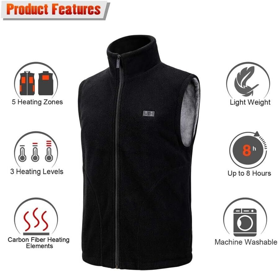 Eskreka Men's Heated Vest Polar Fleece Lightweight Heated Waistcoat Black XXL