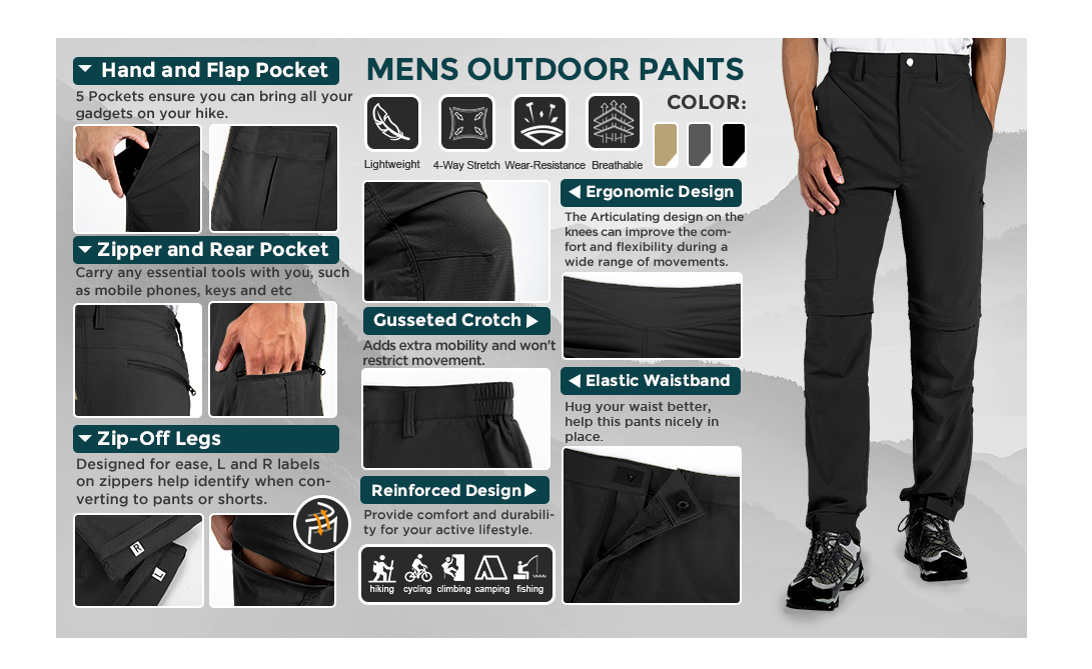 Wespornow Men Convertible-Hiking-Pants Quick Dry Lightweight Zip Off Breathable