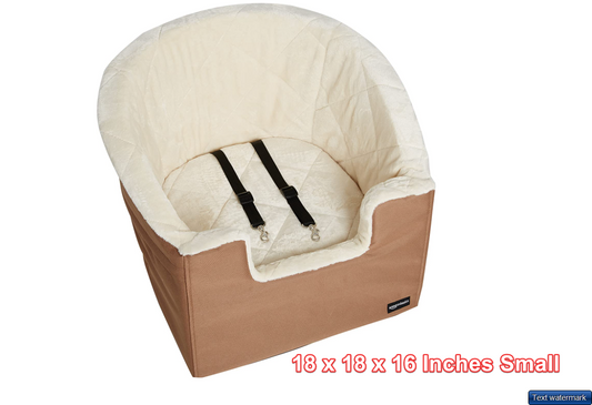 Amazon Basics Pet Car Booster Bucket Seat dog bed- 18 x 18 x 16 Inches Tan Small