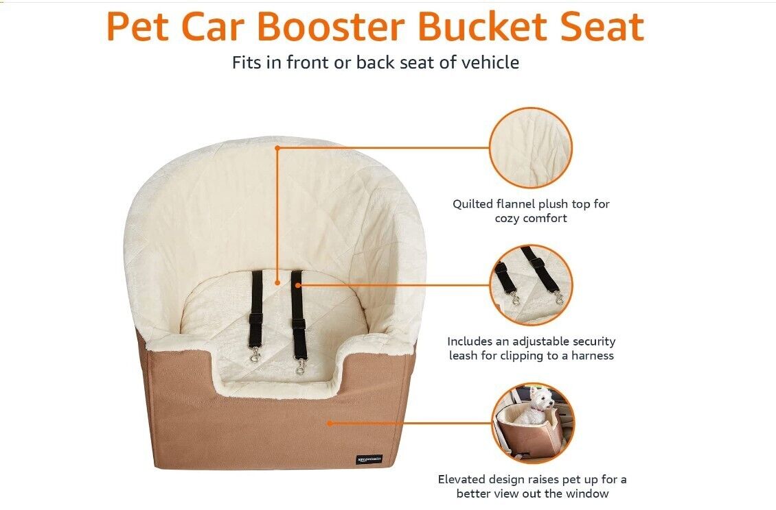 Amazon Basics Pet Car Booster Bucket Seat dog bed- 18 x 18 x 16 Inches Tan Small