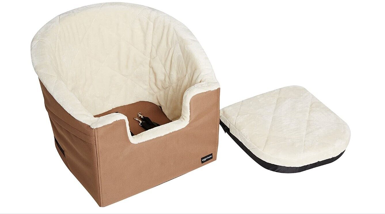 Amazon Basics Pet Car Booster Bucket Seat dog bed- 18 x 18 x 16 Inches Tan Small