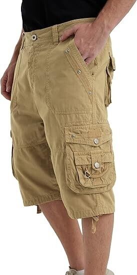 VOPOKER Men's Ripstop Cargo Shorts Long Cotton Twill Straight Leg, Khaki Size 32