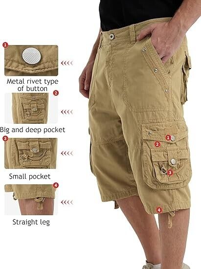 VOPOKER Men's Ripstop Cargo Shorts Long Cotton Twill Straight Leg, Khaki Size 32