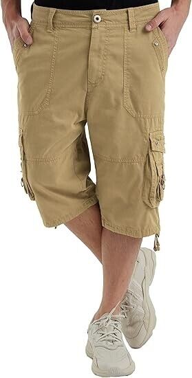 VOPOKER Men's Ripstop Cargo Shorts Long Cotton Twill Straight Leg, Khaki Size 32