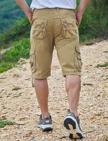 VOPOKER Men's Ripstop Cargo Shorts Long Cotton Twill Straight Leg, Khaki Size 32