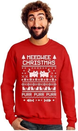 Tstars Meeowee Ugly Christmas Sweatshirt for Men Tacky Style Cat Sweater, XXL