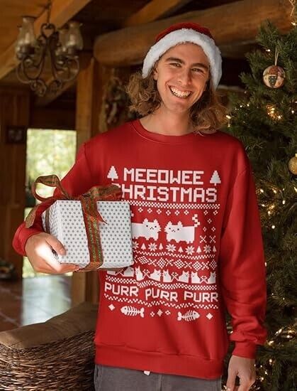Tstars Meeowee Ugly Christmas Sweatshirt for Men Tacky Style Cat Sweater, XXL