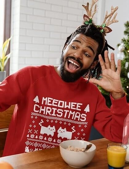 Tstars Meeowee Ugly Christmas Sweatshirt for Men Tacky Style Cat Sweater, XXL